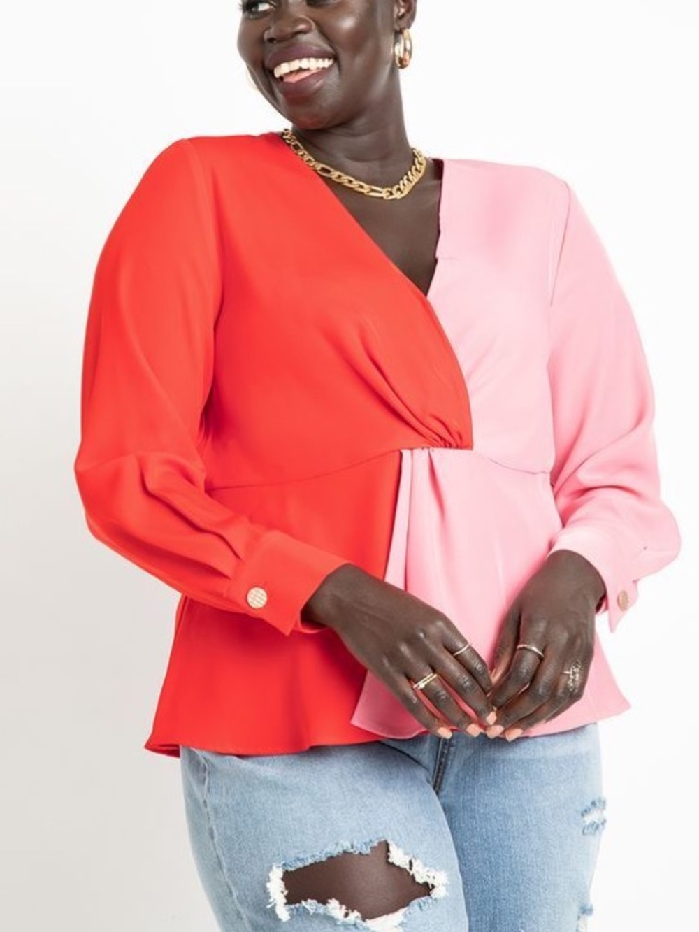 Eloquii Colorblock Knot Detail Blouse - Pink & Red